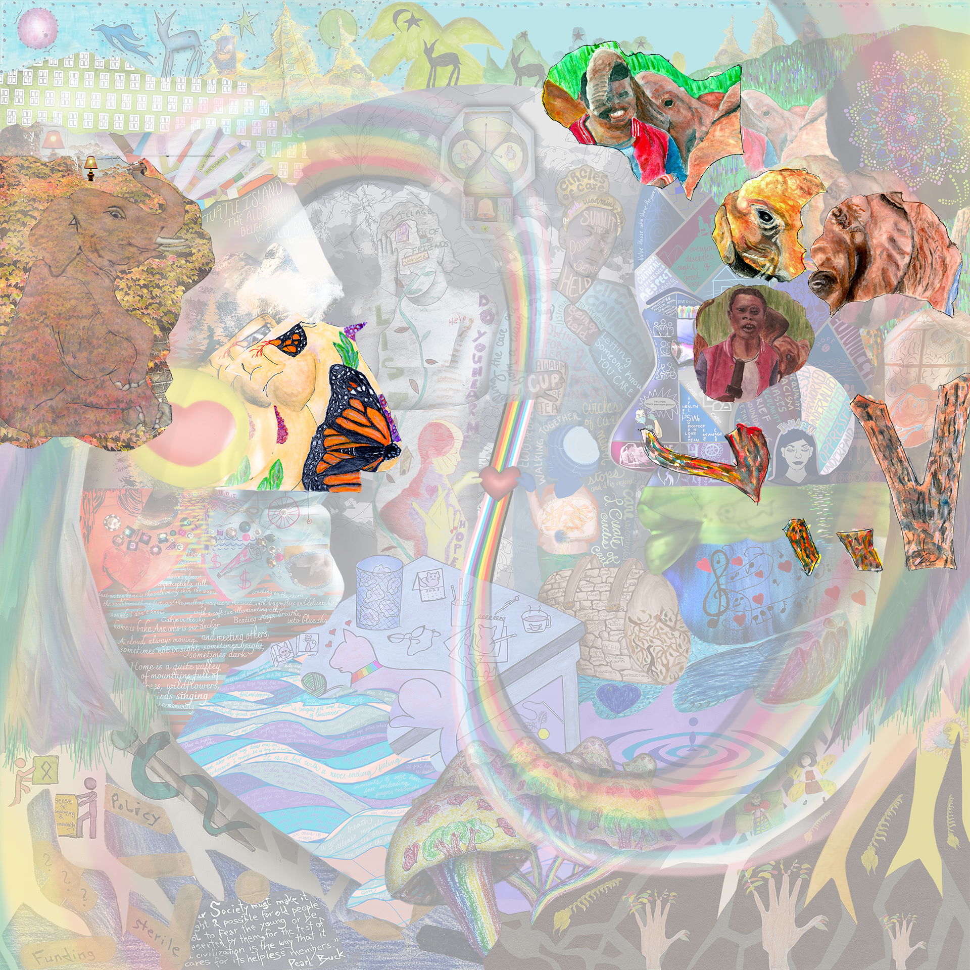 This layer depicts Jesse's artwork. The first segment shows multiple instances of an elephant in warm red and orange colors, one with a laughing man. The second segment is of an orange and black butterfly on the profile-view figure on the left of the image. The third segment shows various tree branches in multiple colors.