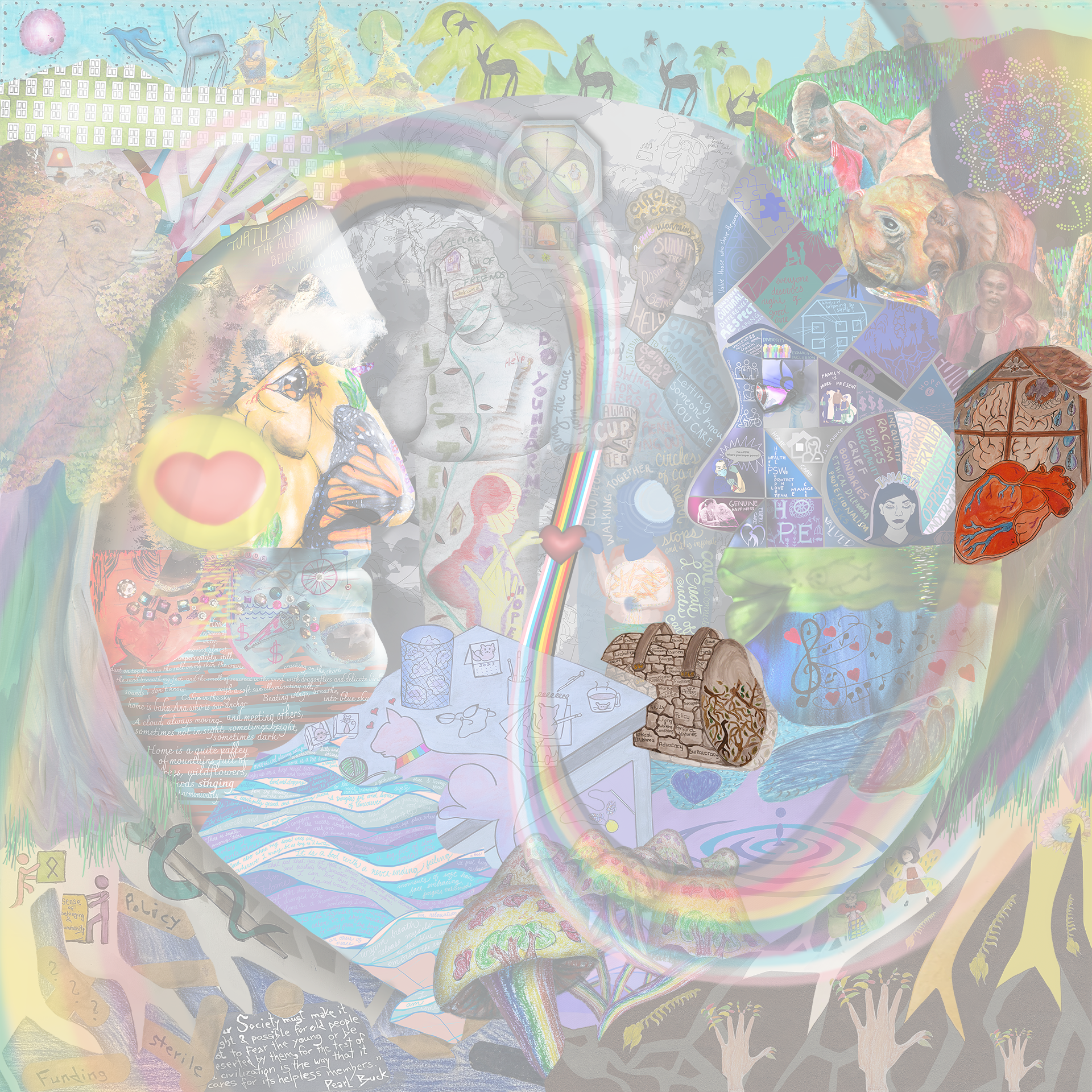 This layer depicts K.'s artwork. This first image shows an anatomically correct heart and brain, as well as two hands holding the Earth, all inside a roofed building. The second image is of a bag with a stone design, each with a written word on them that relates to care work. The bag handles say SW 1969 and the side of the bag has tree branches and green leaves.