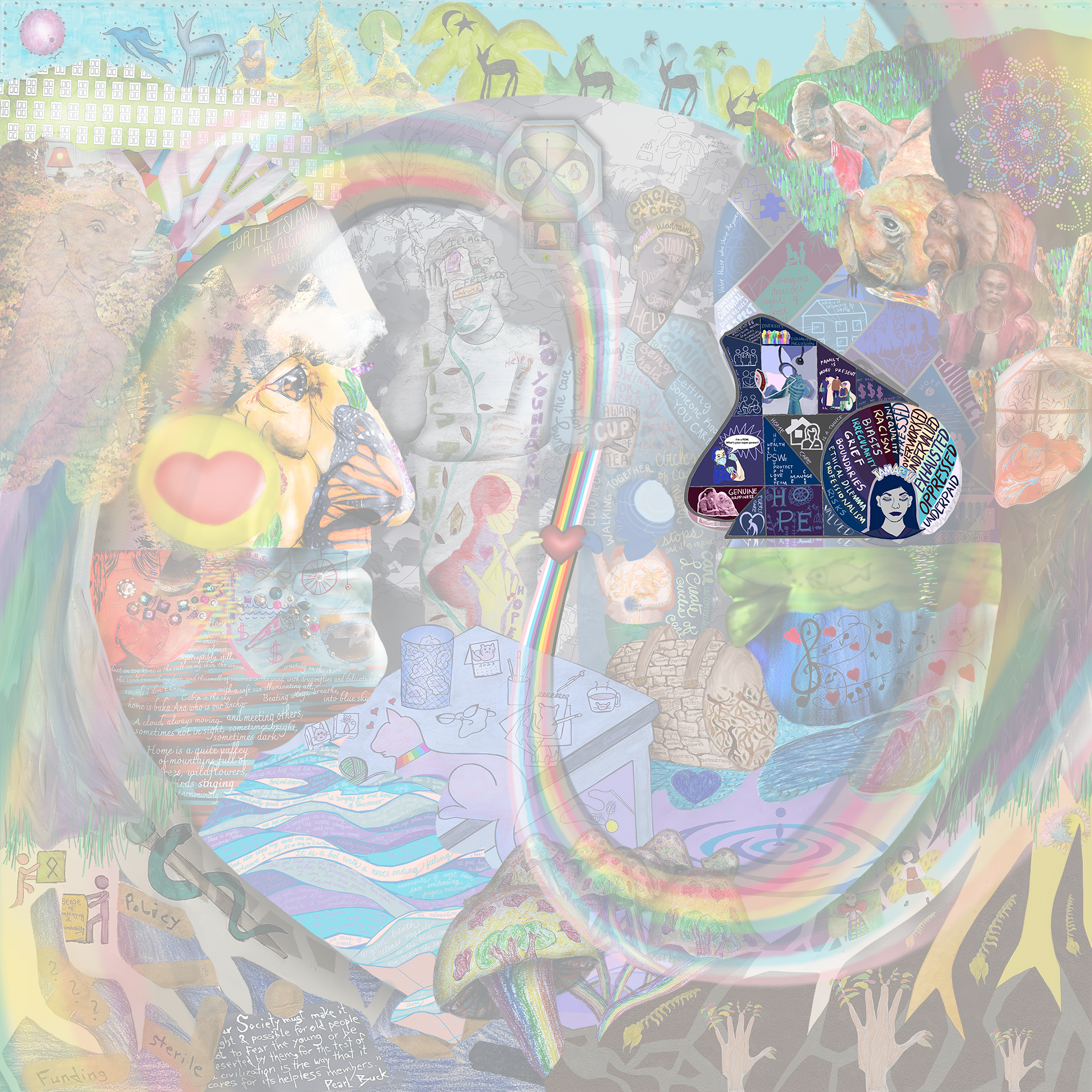 This layer depicts Michelle's artwork. It shows a PSW with their head surrounded by words related to personal support worker work and segments of art with text and smaller images on the nose, eye, and side of face of the profile-view figure on the right of the image.  