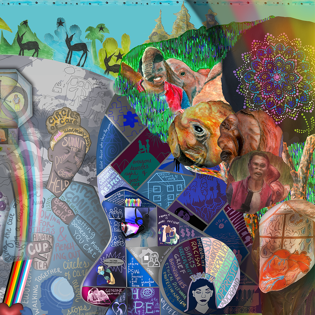 The image is a collage of various artists' work, woven together to capture the imagined future of community-based care. There are two central figures in profile view looking at one another. In the upper center of the image there are two figures leaning away from one other, one with hand on head, and the other with hand on chest. In the center of the image are two small children, holding a heart, looking at one another. From this heart radiates a Pride rainbow. The outer edges of the images are covered in artwork depicting nature.