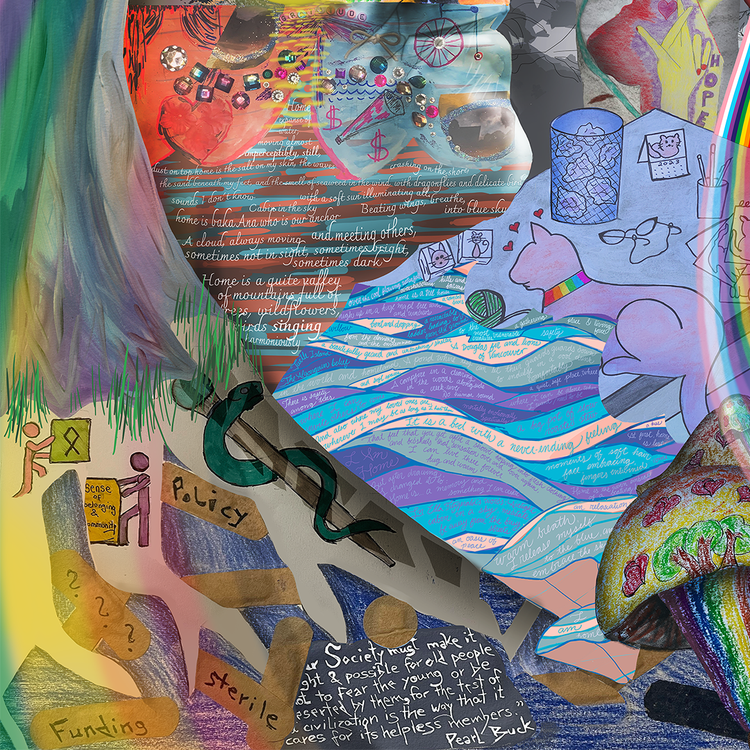 The image is a collage of various artists' work, woven together to capture the imagined future of community-based care. There are two central figures in profile view looking at one another. In the upper center of the image there are two figures leaning away from one other, one with hand on head, and the other with hand on chest. In the center of the image are two small children, holding a heart, looking at one another. From this heart radiates a Pride rainbow. The outer edges of the images are covered in artwork depicting nature.