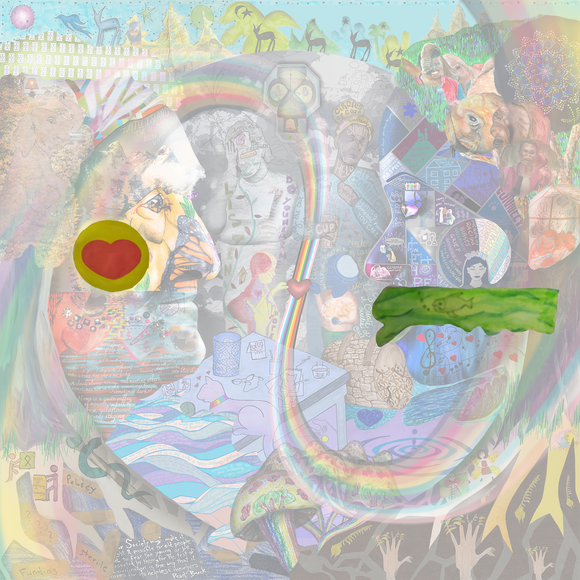 This layer depicts SD's artwork. The first image shows a red heart on a yellow-green backdrop. The second image is of a fish with air bubbles on a green backdrop.