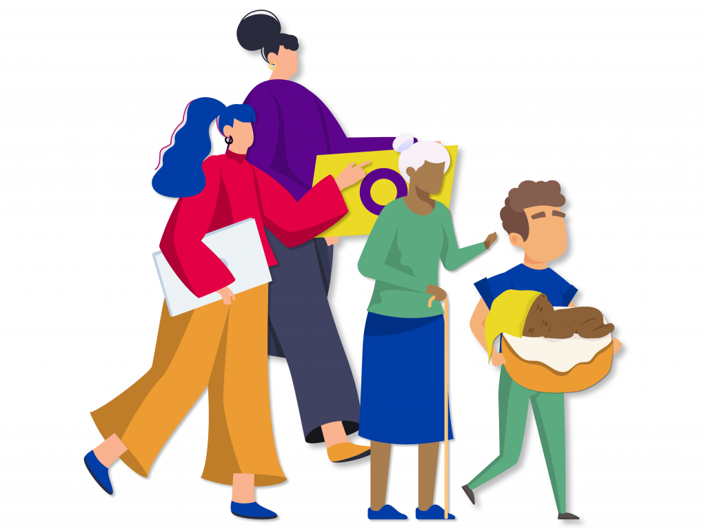 Cartoon including baby, young person, older adult, college student, and another adult