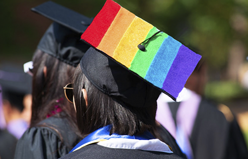 Graduation cap with rainbow pattern on top