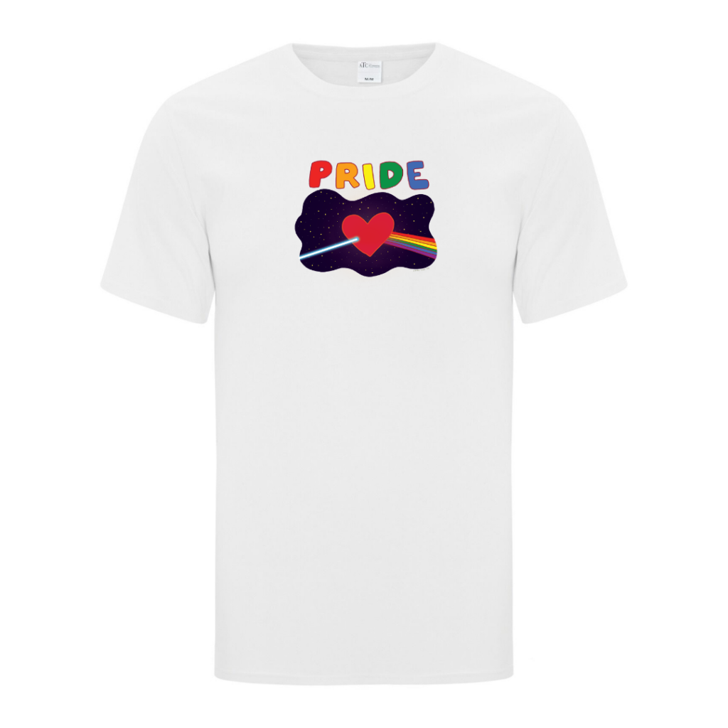 White t-shite with "Pride" text and image of heart where a single ray of light turns to a rainbow