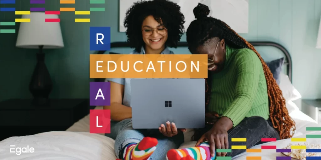 Education (part of REAL acronym). Background: Two women smiling watching tablet