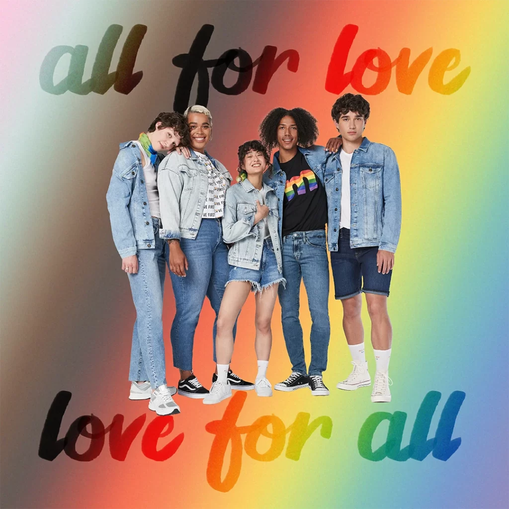People wearing Mavi Jeans with text "All for love, love for all"