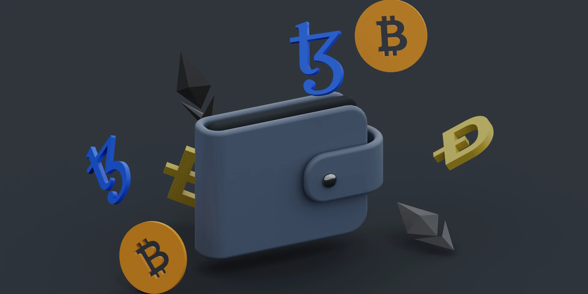 Cryptocurrency icons with digital illustration of a waller