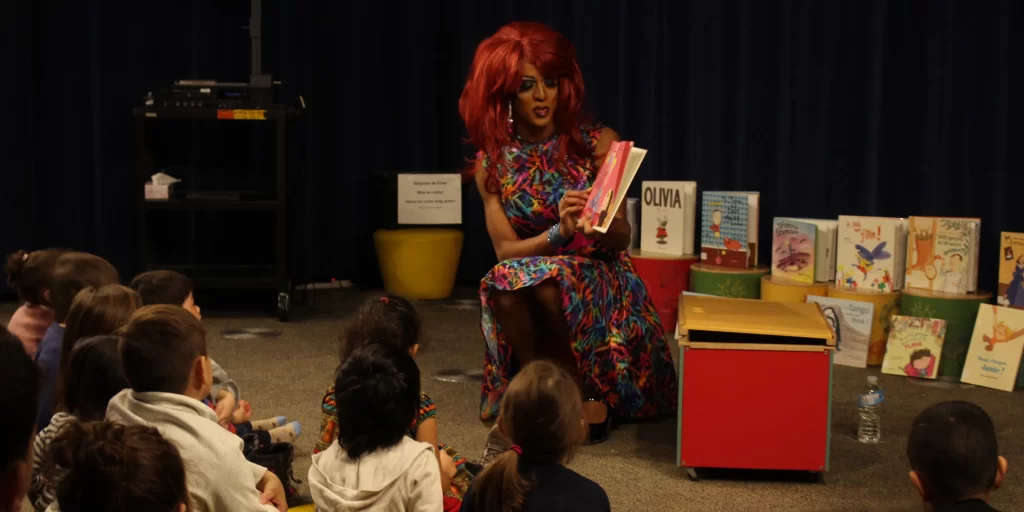 Drag Queen storytime starring Bardada de Barbades at the Grande Bibliothèque in Montreal. (CC: Jennifer Ricard)