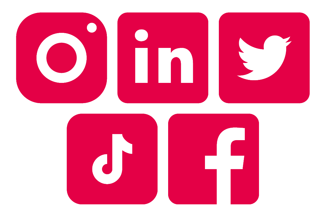Icône sociales : Instagram, LinkedIn, Twitter, TikTok, Facebook