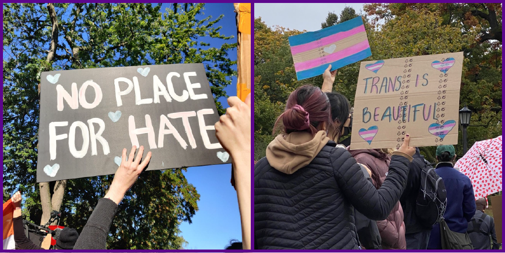 Images of signs at a counter protest. The signs say "NO PLACE FOR HATE" and "TRANS IS BEAUTIFUL".